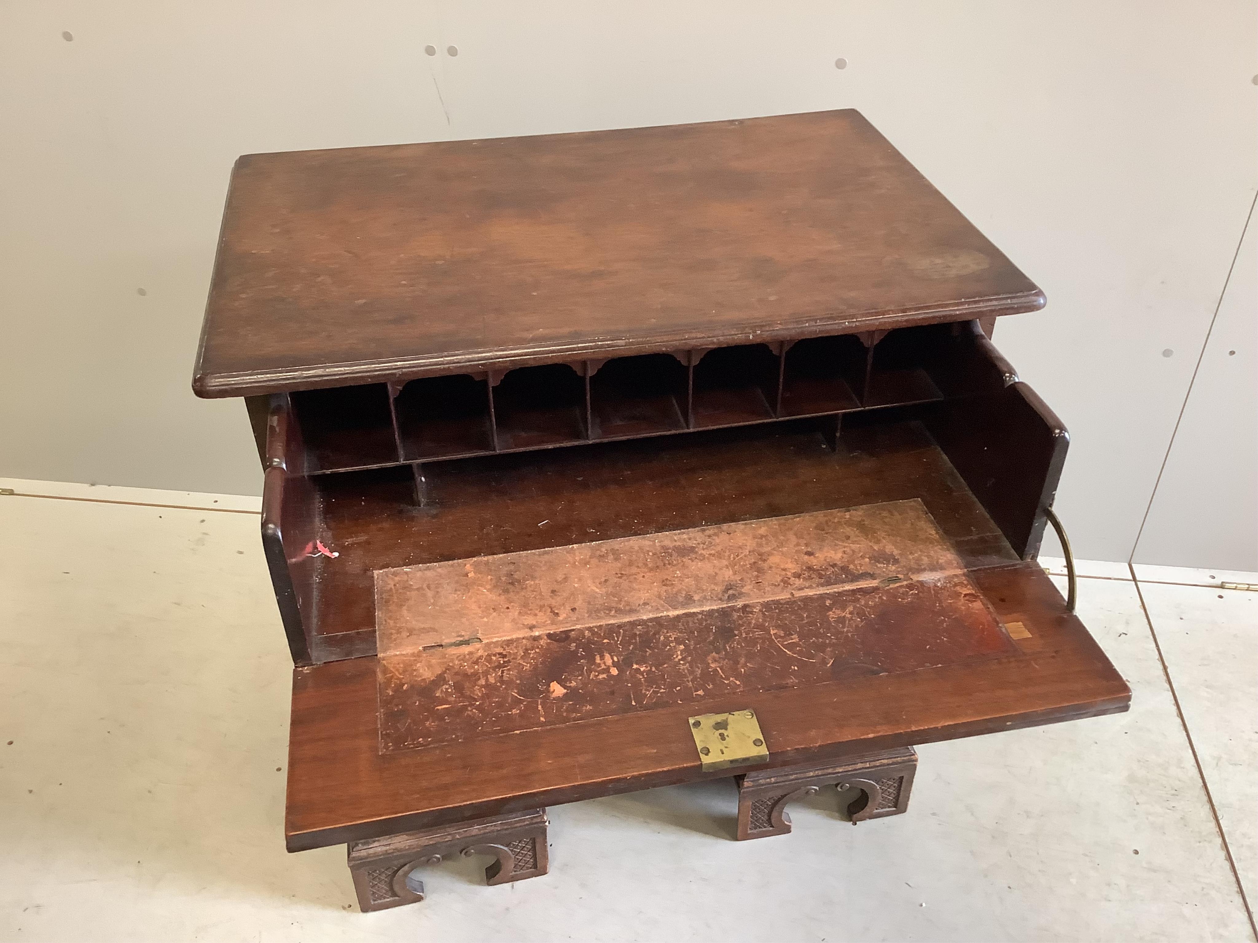 A George III mahogany kneehole desk with later secretaire drawer, width 84cm, depth 55cm, height 87cm. Condition - poor to fair